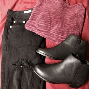 Burgundy knitted shirt/sweater.