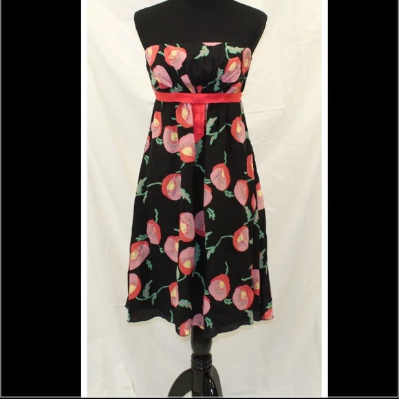 Anna Sui Dress Size 2 Strapless Silk Floral Poppy