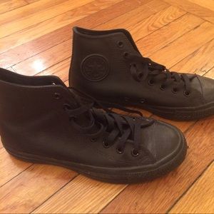 Black leather high top converses