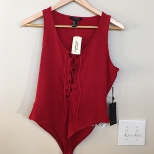 Red knit, lace up, Body Suit