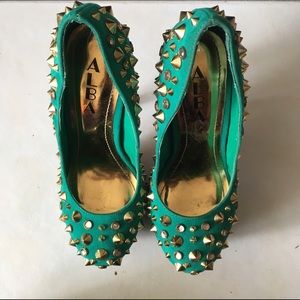 Alba Shoes - Alba Gold Spiked Rhinestone Pump Mermaid Green Alba Shoes - Alba Gold Spiked Rhinestone Pump Mermaid Green
