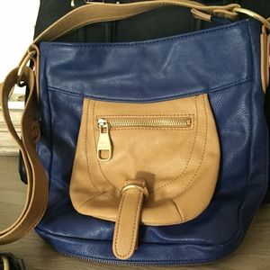 Blue and tan cross-body bag