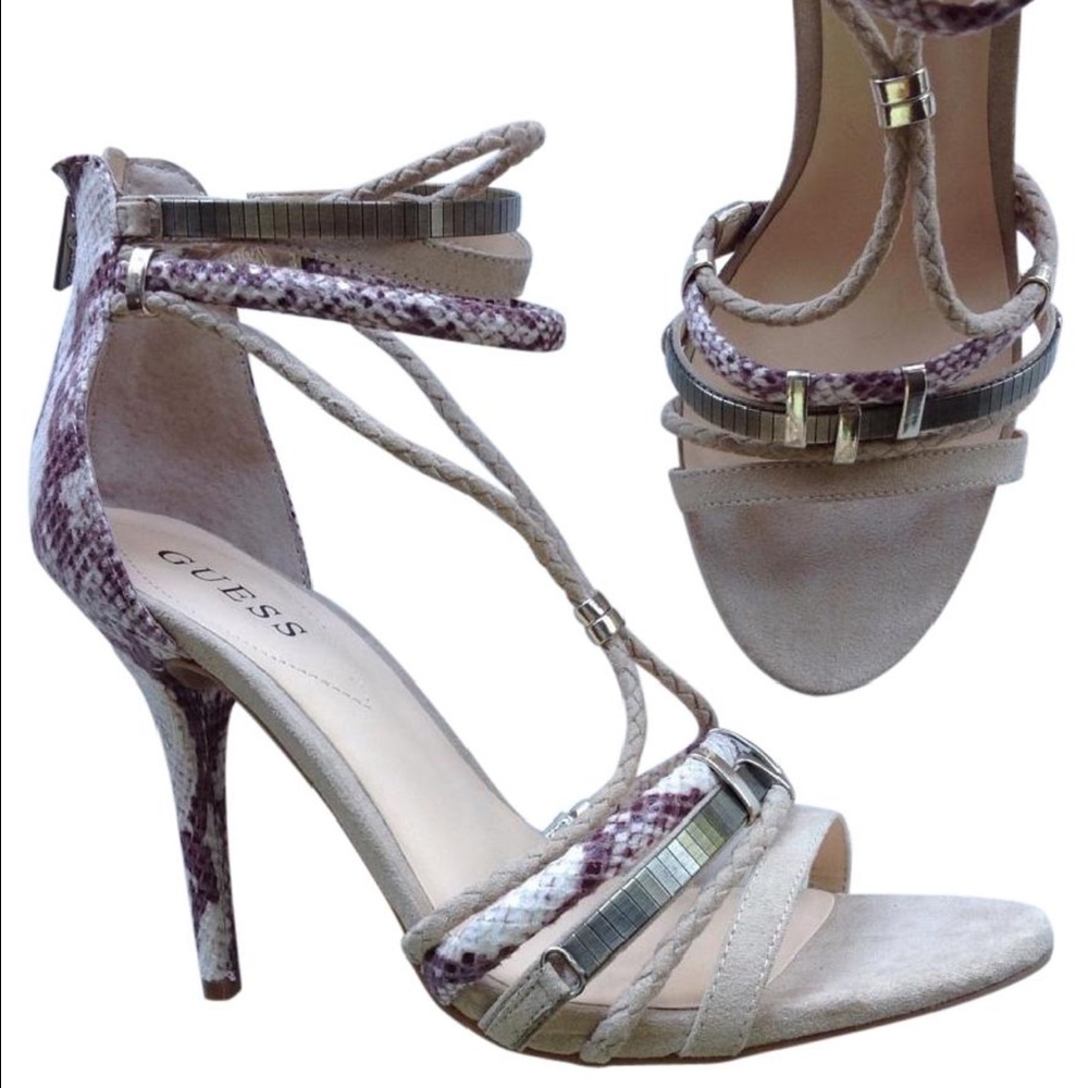 NEW GUESS ivory snakeskin fabric strappy heels 9.5
