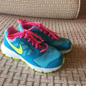 Girls turquoise neon yellow and pink Nikes