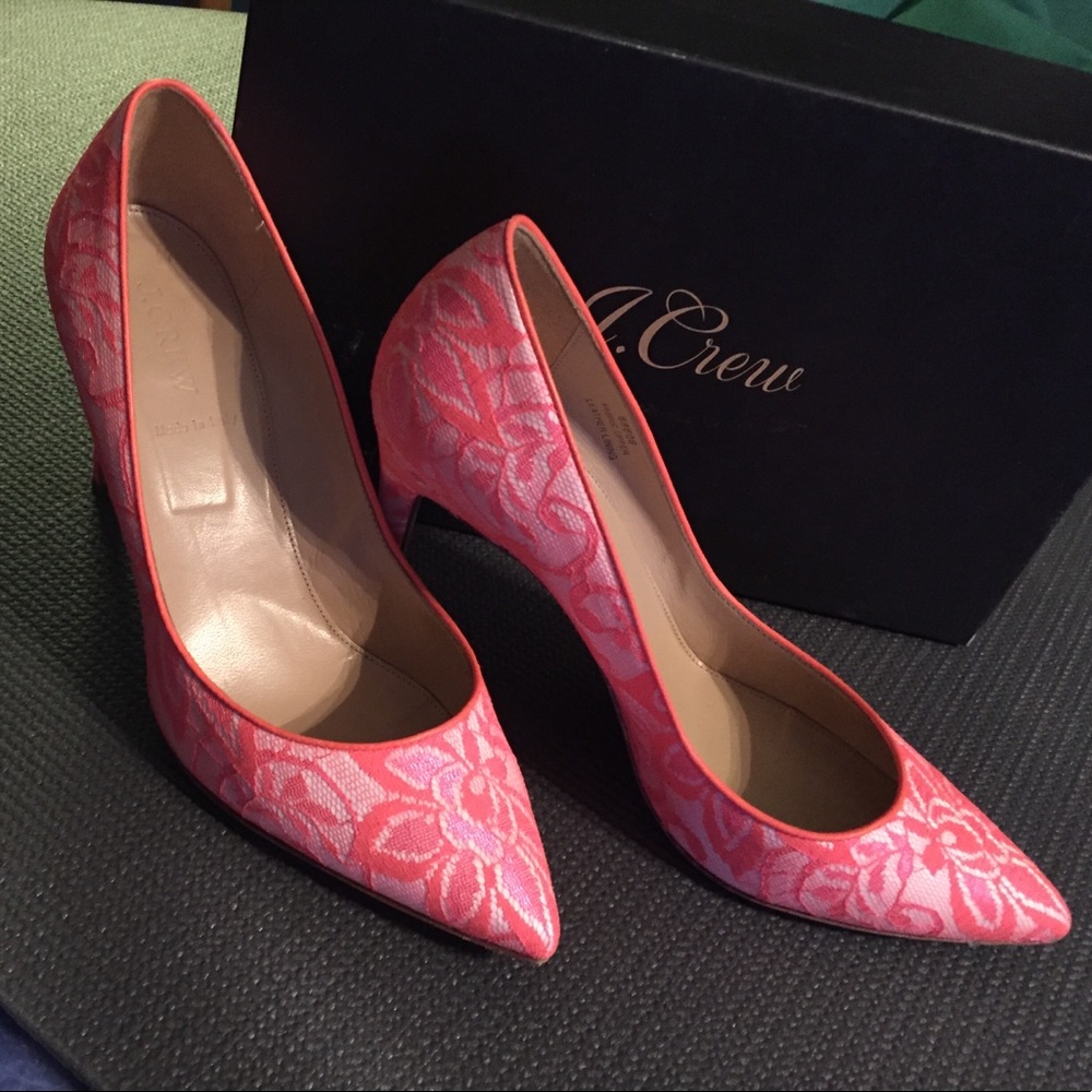 Used J.Crew neon pink lace heels size 10