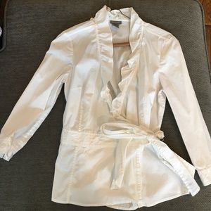 Ann Taylor ruffle neck white blouse