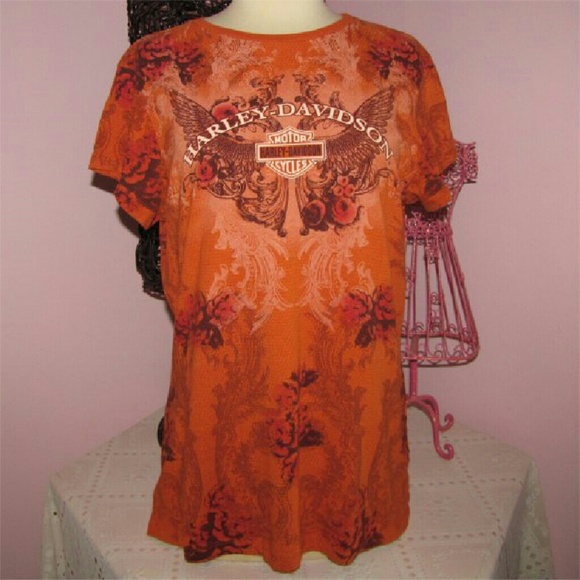 HARLEY DAVIDSON Orange Floral Plant Worker T XL