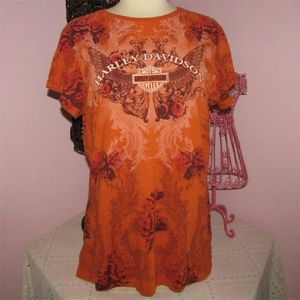 HARLEY DAVIDSON Orange Floral Plant Worker T XL