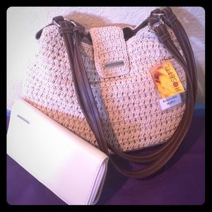 Cream crocheted woven purse with wallet set NEW!