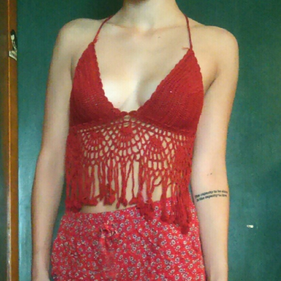Gypsy Rose Red Crochet Hippie Crop Top size small