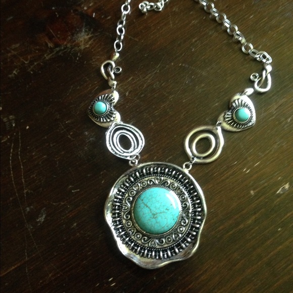 Faux turquoise silver statement bib necklace, turquoise earrings, turquoise set
