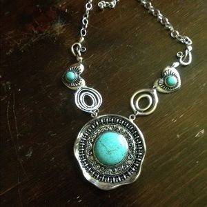 Faux turquoise silver statement bib necklace, turquoise earrings, turquoise set