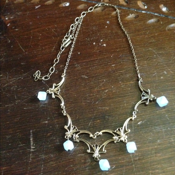 FREE Vintage bib necklace gold and light blue filigree