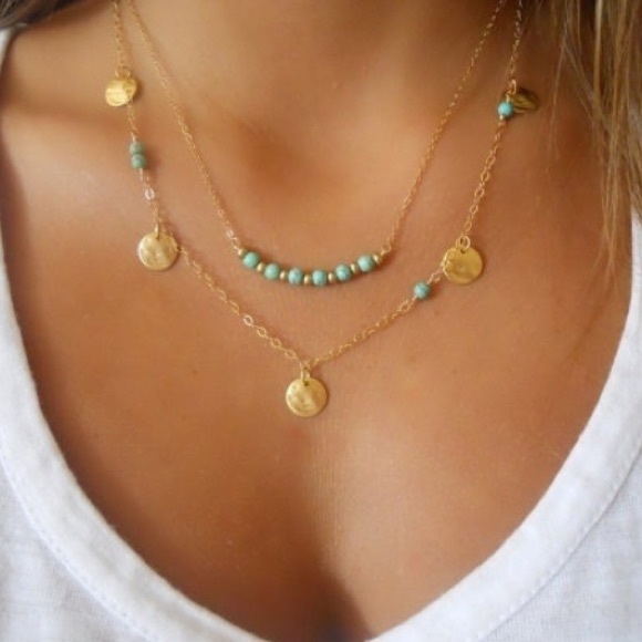 Double Layered Gold & Teal Necklace - Picture 1 of 4