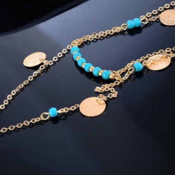 Double Layered Gold & Teal Necklace - Picture 2 of 4