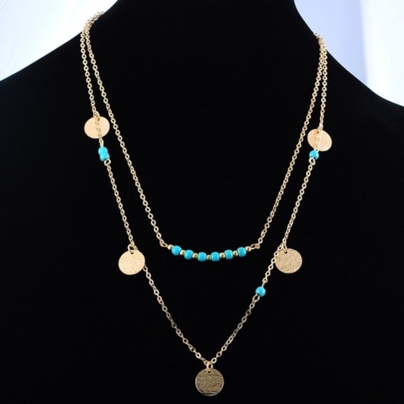 Double Layered Gold & Teal Necklace - Picture 4 of 4