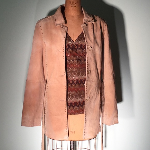 Natural suede belted carcoat-contrast stitch accts