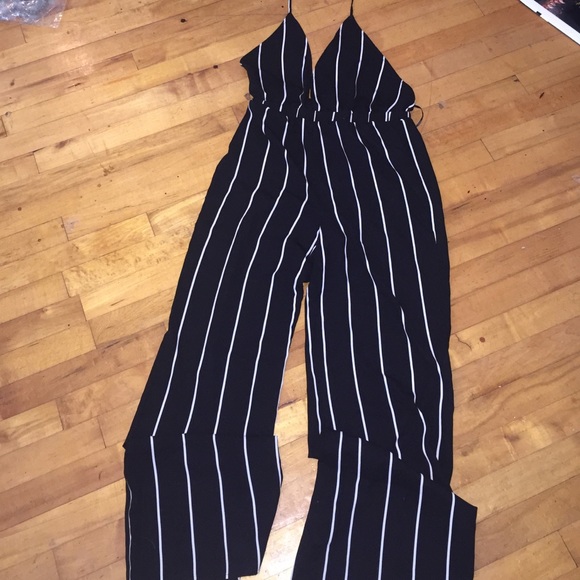 Forever 21 Pants - PINSTRIPED BLACK ROMPEE JUMPSUIT