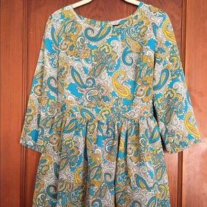 Blue and Yellow Paisley 3/4 Length Sleeve Dress