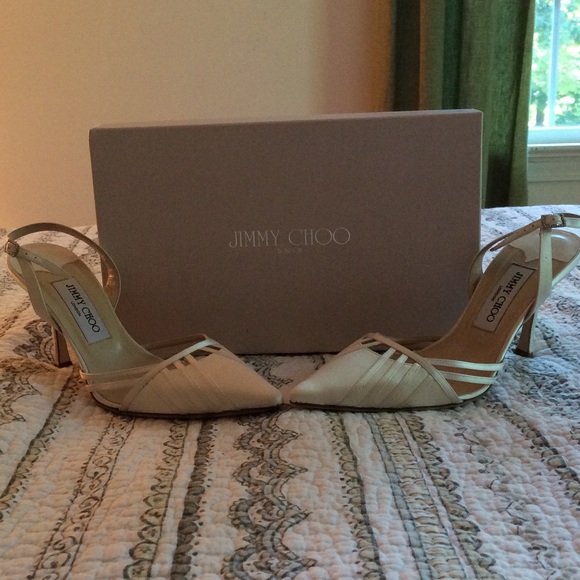 Jimmy Choo white satin slingback heels