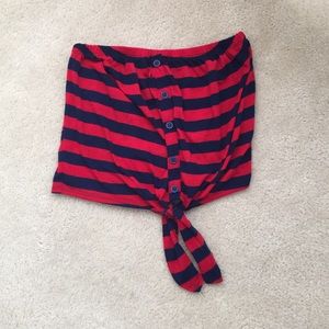 Strapless red and blue crop top