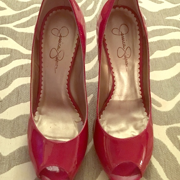 JS Red Patent Leather Peep Toe Heels Size 7.5
