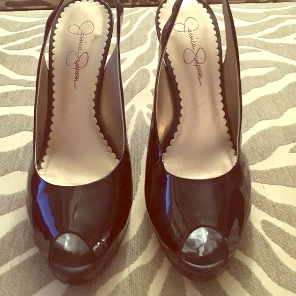 Black Patent Leather Peep Toe Sling Back Heels 7.5
