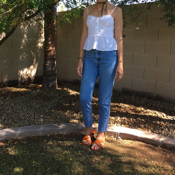American Eagle White Eyelet Lace Peplum Tank Top