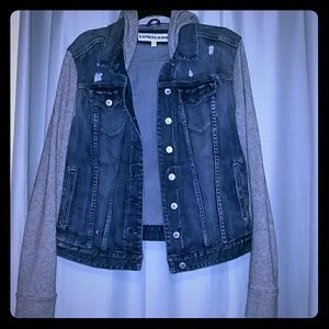 Distressed denim jacket with sweatshirt detail