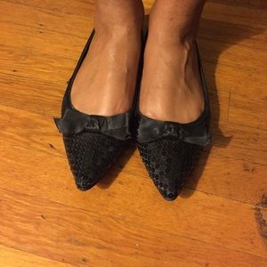 Black sequin flats with satin bow