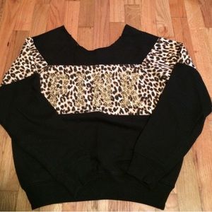 VS PINK leopard off shoulder crew bling Xs top