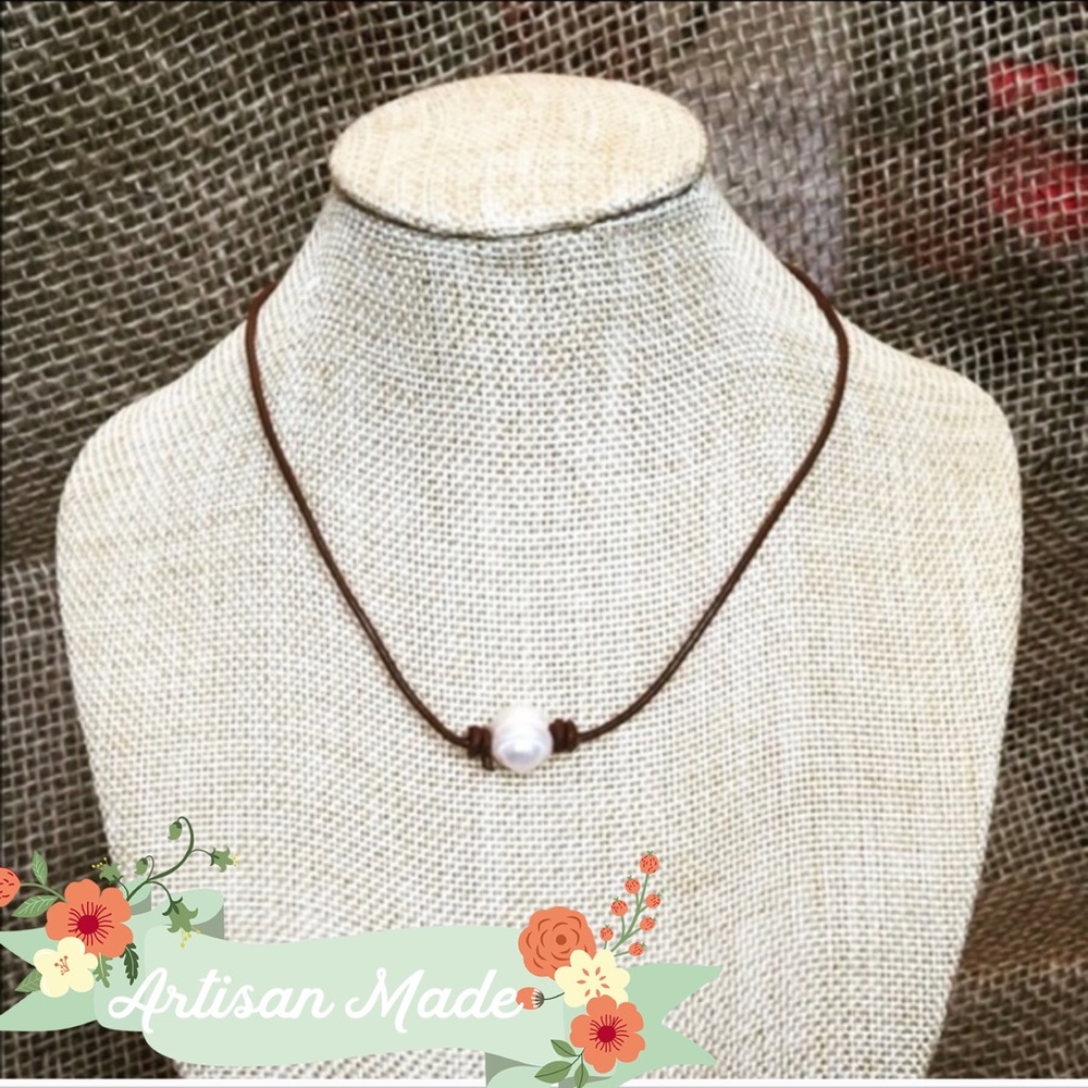 NEW Single Pearl Leather Choker Layer Necklace