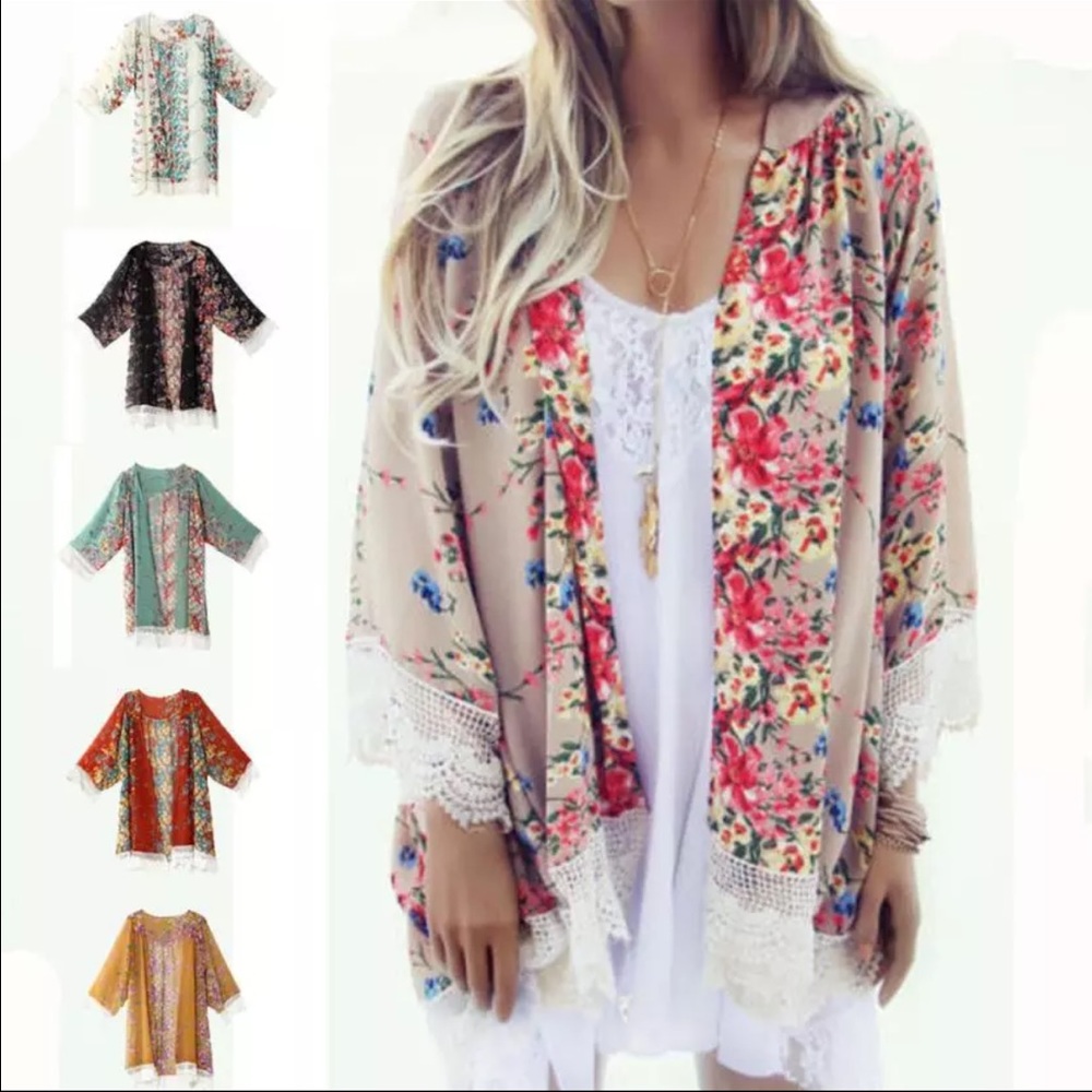 New Printed Chiffon Loose Kimono With Lace Sleeves - Picture 4 of 8