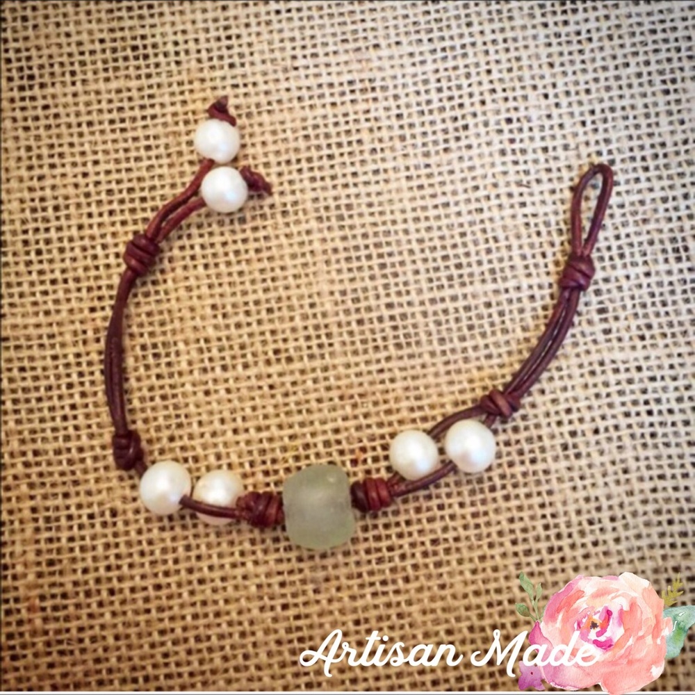 NEW Pearl Sea Glass Leather Boho Bracelet