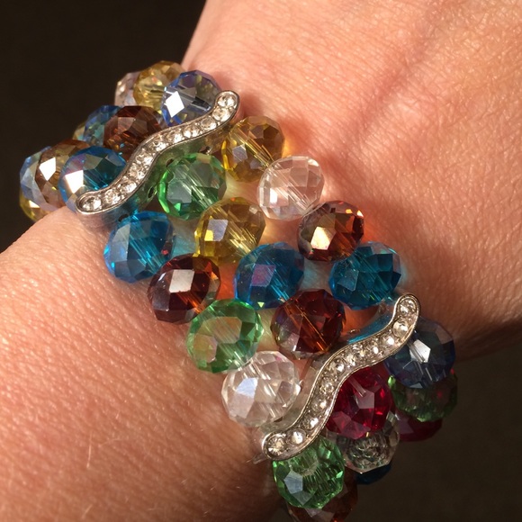 Rainbow beads &!silver & Crystal dividers bracelet