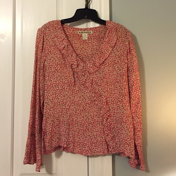 Sweet Pink Floral Blouse w/ Bell Sleeves & Ruffle