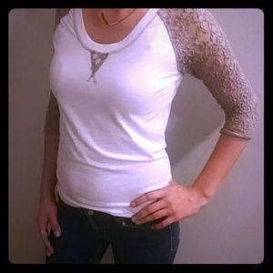 Cream/Tan lacey baseball tee blouse