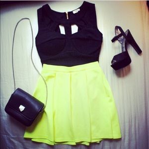 Topshop Neon Yellow Pleated Skater Skirt
