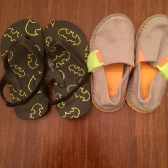 Batman flip flops and Croc's toddler shoes
