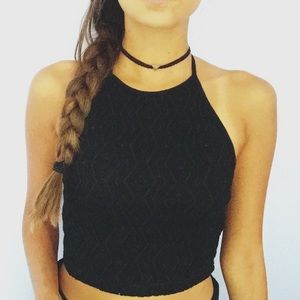 Black Textured Cropped Halter Top