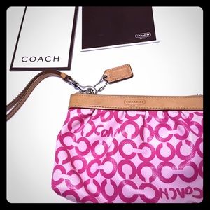 Coach Tan Leather and Pink Logo Wristlet