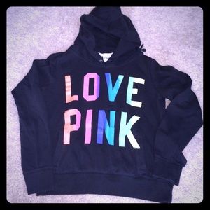VS Pink Hoodie. Neon rainbow text. Size L.