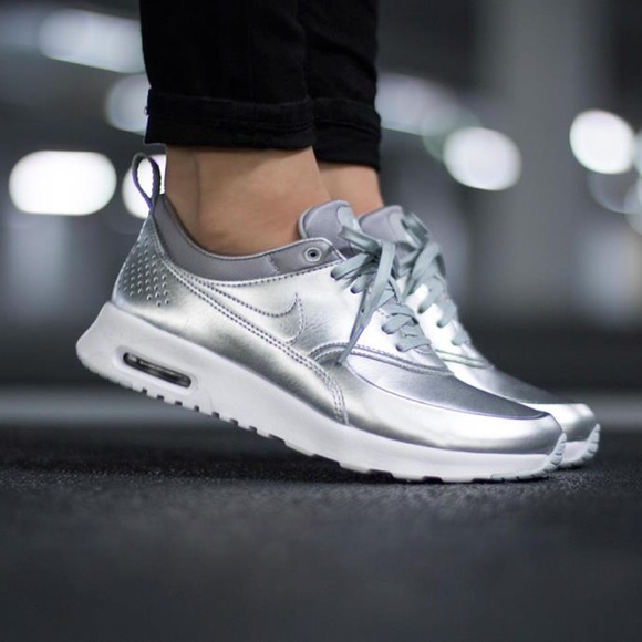 Nike Shoes - Nike Premium Leather Silver Air Max Thea Sneakers
