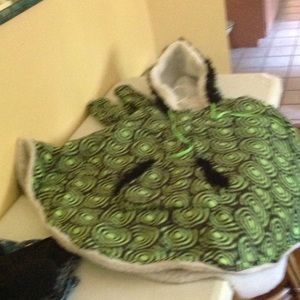 Handmade double fleece cape with matching mittens.
