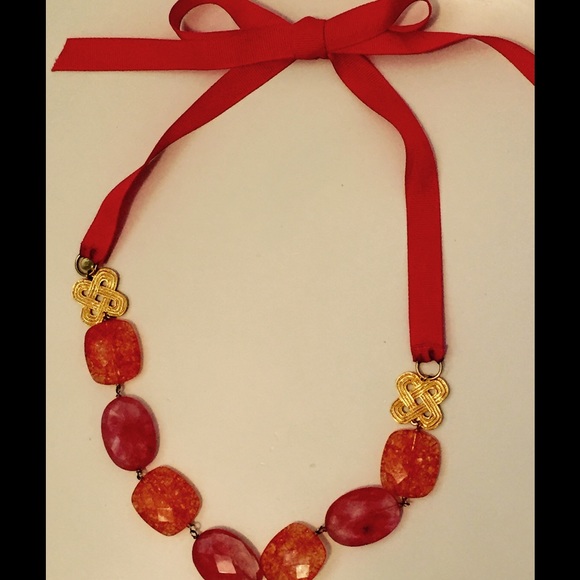 Pink/Orange Grosgrain Ribbon Tie Necklace - Picture 2 of 4