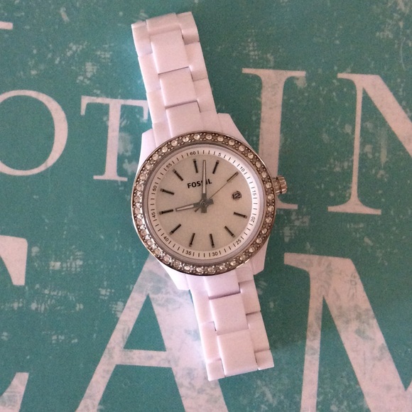 White Fossil Watch with Crystals