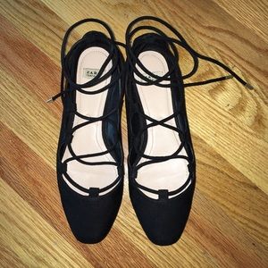 Zara black suede lace-up flats, size 37 or 6.5