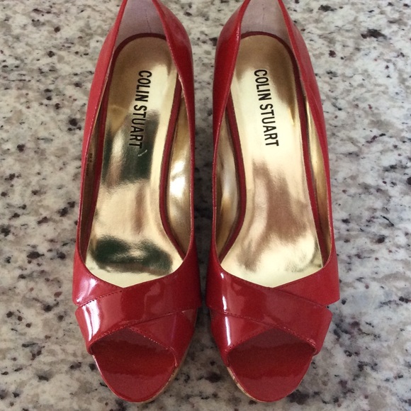 Colin Stuart Red Patent peep toe wedges.