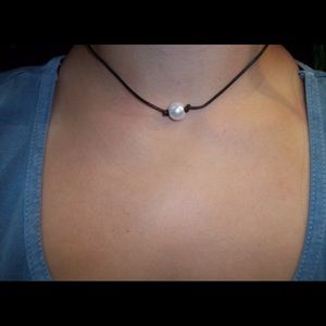 White Pearl Black Leather Choker