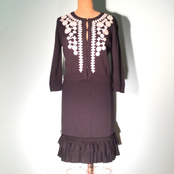 Black cotton/rayon cardigan w/white soutache